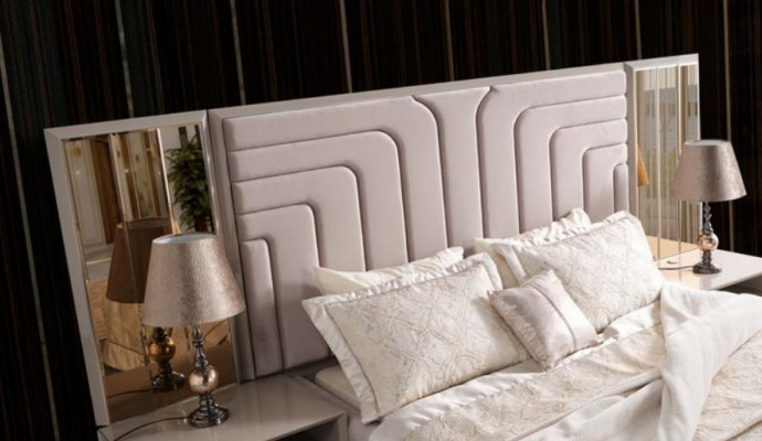 Set dubbel bed bed beige hout luxe modern slaapkamer set 3-delig.