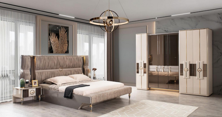 Luxe tweepersoonsbed set Bed Beige Hout Modern Slaapkamer Set 3-delig