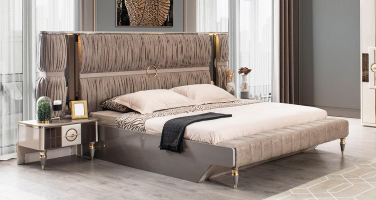 Luxe tweepersoonsbed set Bed Beige Hout Modern Slaapkamer Set 3-delig