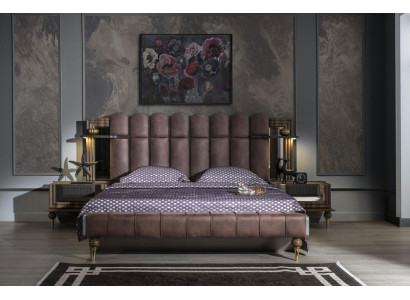 Compleet slaapkamermeubilair tweepersoonsbed Bruin Stof Bed Set 3-delig Nachtkastjes