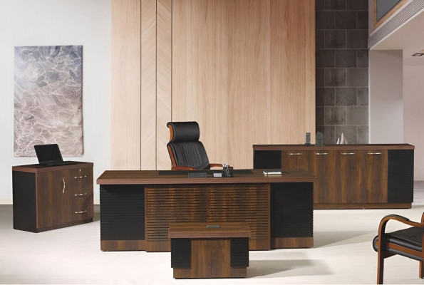 Bureautafel, kantoormeubilair, complete kantoor, 4-delige bureauset hout bruin kantoor.