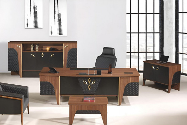 Compleet kantoorbureau kantoortafel set 4-delig hout bruin luxe groot