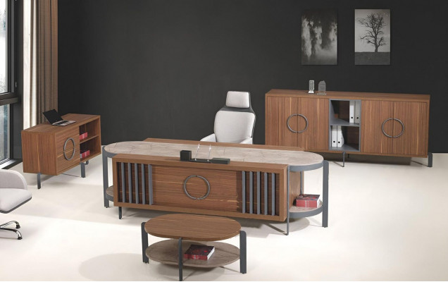 Bureau tafel groep kantoor bureau set 4-delig hout bruin commode groot