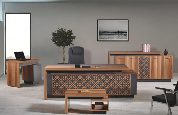Compleet kantoor kantoortafel kantoormeubilair bureau set 4-delig hout bruin kantoor