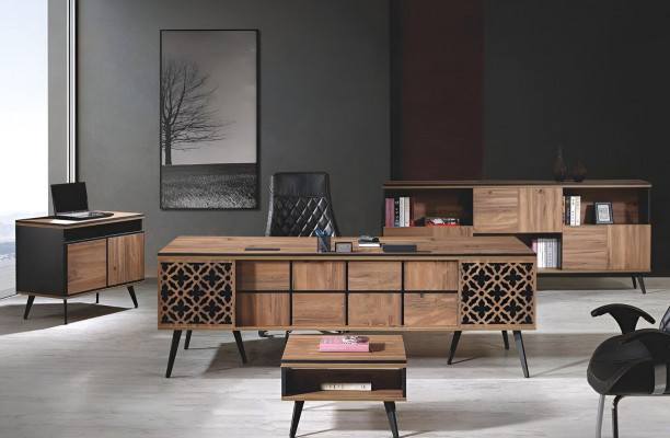 Klassieke complete kantoormeubelen, bureau 4-delig hout bruin