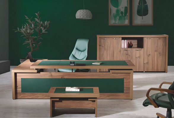 Compleet kantoor hoekbureau bureau set 3-delig hout bruin luxe groot