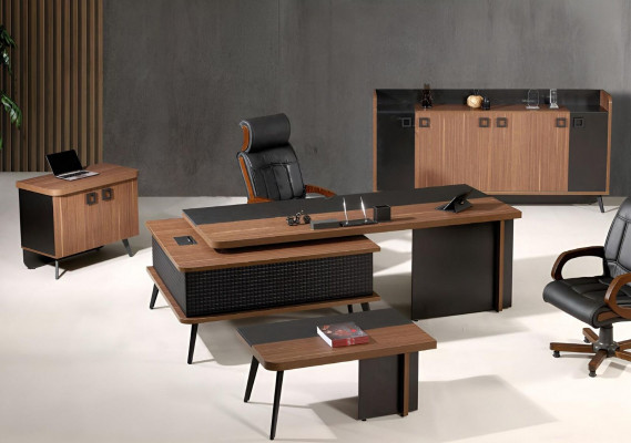 Complete kantoor kantoormeubilair bureau kantoortafel set 4-delig hout bruin