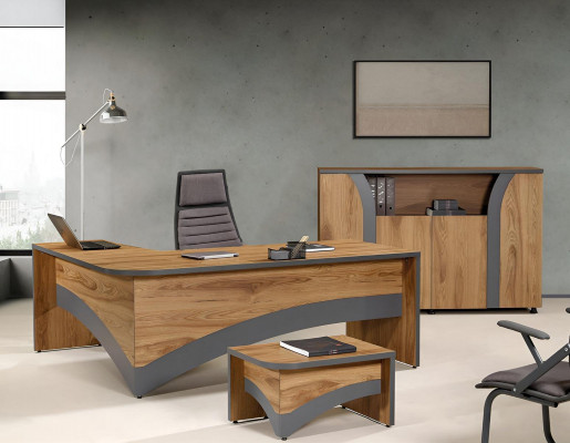 Eckbureautafel Kantoorwerkmeubilair Compleet kantoor Kantoor 3-delig Hout Bruin Set