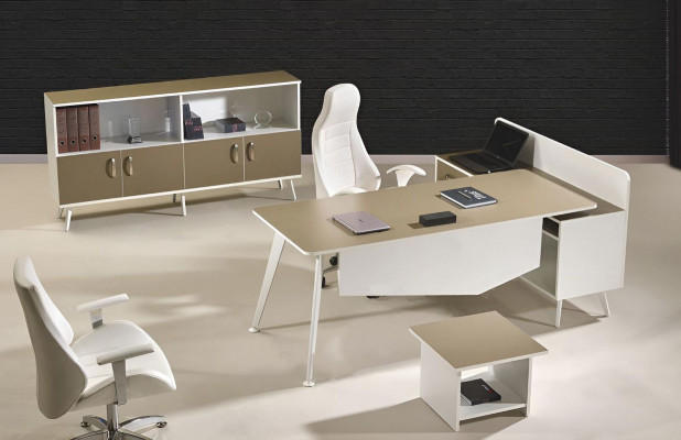 Moderne hoekbureau thuiskantoormeubilair wit kantoor 3-delig houten set groep.