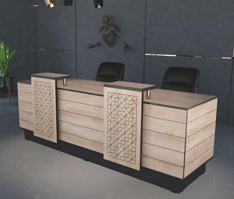 Receptie ontvangstbalie ontvangstdesk kantoorhotel hout bruin tafel