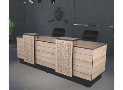 Receptie ontvangstbalie ontvangstdesk kantoorhotel hout bruin tafel