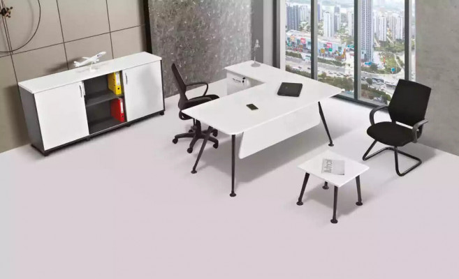 Witte hoekbureau werkkamermeubilair kantoorkast salontafel tafel 3 delig