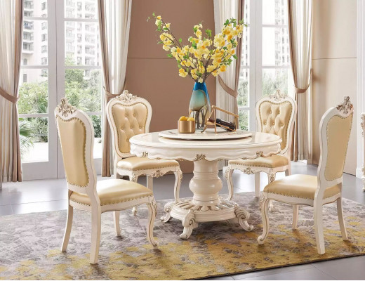 Klassieke lichte beige eetkamerset Luxe ronde eettafel en x4 Chesterfield stoelen 5-delige set.