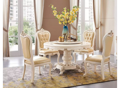 Klassieke lichte beige eetkamerset Luxe ronde eettafel en x4 Chesterfield stoelen 5-delige set.
