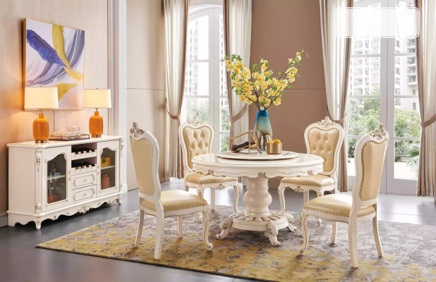 Klassieke lichte beige eetkamerset Luxe ronde eettafel en x4 Chesterfield stoelen 5-delige set.