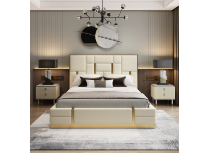Wit tweepersoonsbed slaapkamer luxe houten frame designer roestvrijstalen bed.