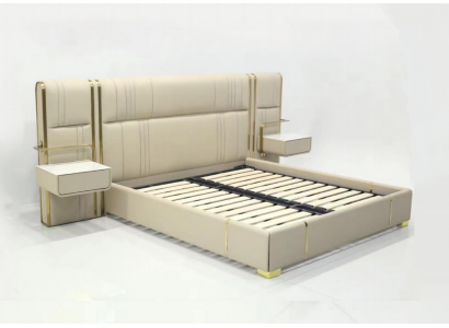 Beige slaapkamer tweepersoonsbed met groot hoofdeinde designer houten bedden