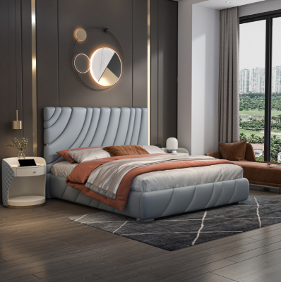 Grijze kunstlederen tweepersoonsbed Moderne roestvrijstalen bed Luxe houten frame