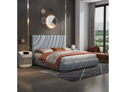 Grijze kunstlederen tweepersoonsbed Moderne roestvrijstalen bed Luxe houten frame