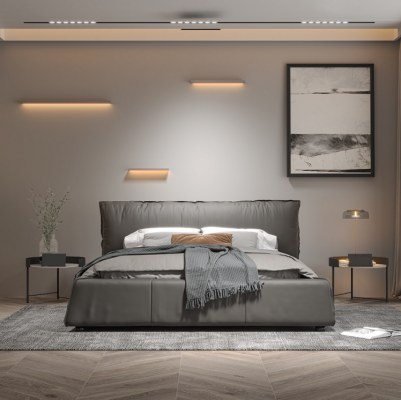 Grijze slaapkamer bed ontwerper tweepersoonsbed houten frame nieuw leren bed