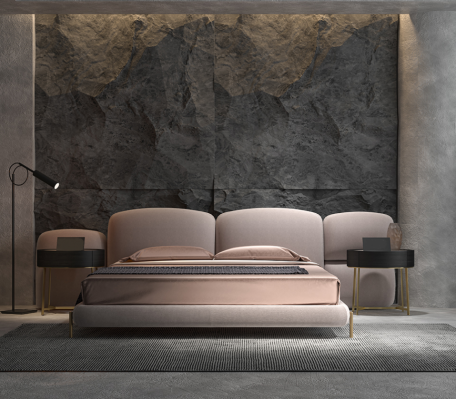 Grote beige slaapkamer tweepersoonsbed met breed textiel hoofdeinde ontwerper.