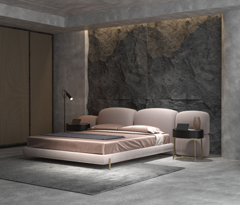 Grote beige slaapkamer tweepersoonsbed met breed textiel hoofdeinde ontwerper.