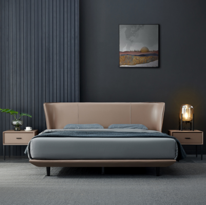 Beige kunstleren slaapkamer tweepersoonsbed met houten frameontwerp.