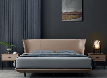 Beige kunstleren slaapkamer tweepersoonsbed met houten frameontwerp.