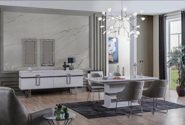 Ontwerp Eetkamer Set Eettafel + 4x Stoelen + Dressoir met 2x Spiegel 8-delig