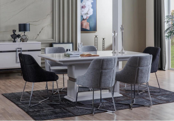 Exclusieve eetkamerset bestaande uit een eettafel met 7 delen en 6 stoelen, nieuw.