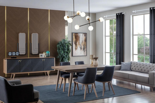 Luxe eetkamerset eettafel + 4x stoelen + dressoir met 2 spiegels Nieuw