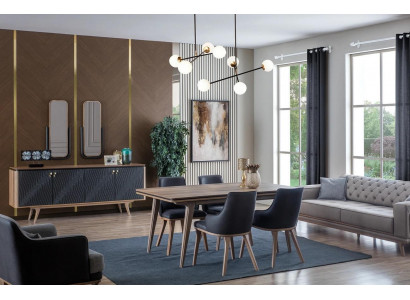 Luxe eetkamerset eettafel + 4x stoelen + dressoir met 2 spiegels Nieuw