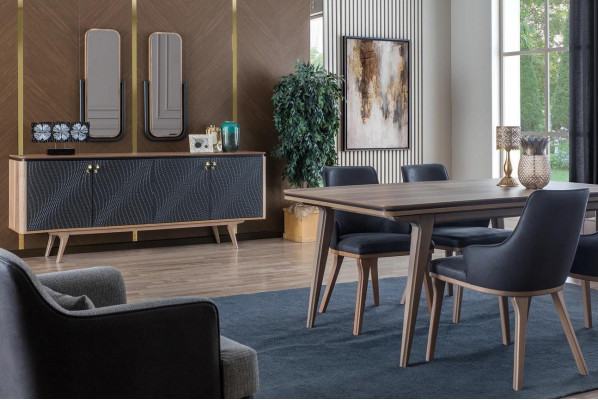 Luxe eetkamerset eettafel + 4x stoelen + dressoir met 2 spiegels Nieuw