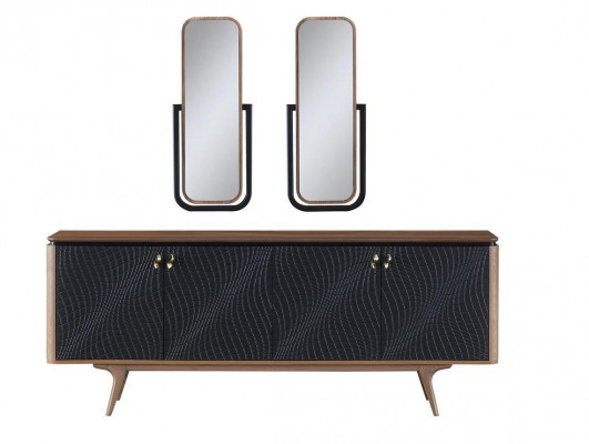 Exclusieve eetkamerset bestaande uit een moderne dressoir van 3 delen en 2 spiegels.