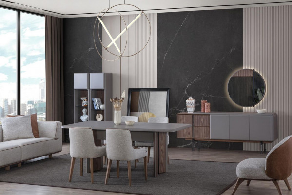 Eetservice bestaat uit eettafel, 4 stoelen en dressoir met spiegel 7-delig.