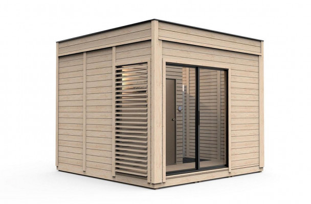 Houten sauna buitensauna hout grenenhout saunahuis panoramisch huisje tuin