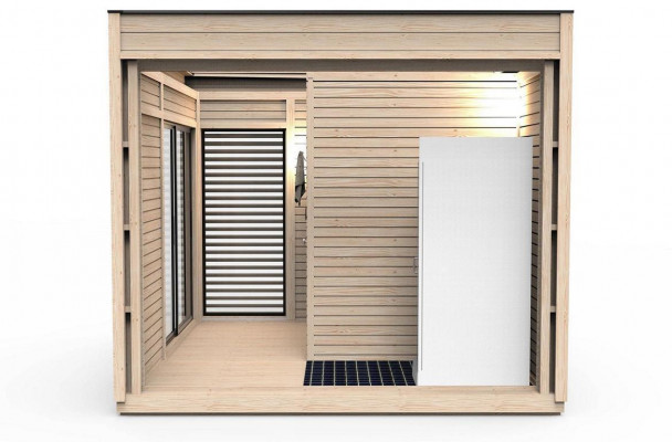 Houten sauna buitensauna hout grenenhout saunahuis panoramisch huisje tuin