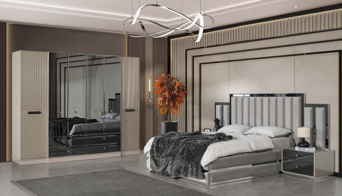 Compleet slaapkamer tweepersoonsbed bed nachtkastjes 4-delig grijs kast