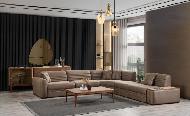 Hoekbank Bank Kunstleer Salontafel Bruin Gestoffeerde bank Woonkamer