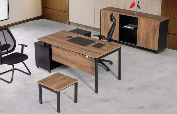 Bruin kantoormeubilair luxe set tafel kast salontafel 3-delig.