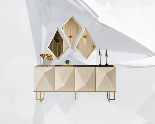 Garnituur dressoir met spiegelkast beige houten commode set
