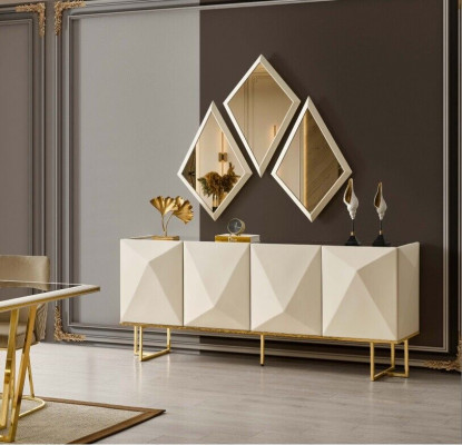 Garnituur dressoir met spiegelkast beige houten commode set