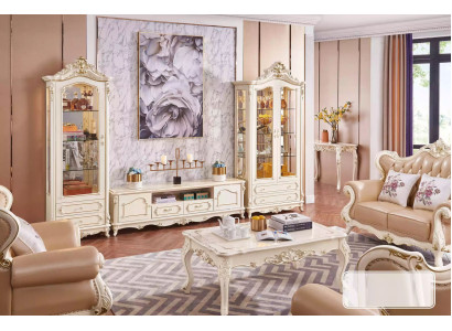 Woonkamerset met elegant klassiek meubilair tv-standaard 2x vitrine salontafel.