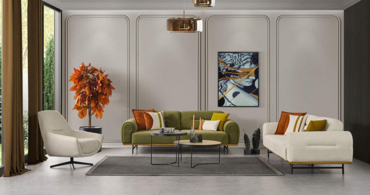 Ontwerp woonkamerset van 2 delen. Luxe meubels in beige kleur, modern en nieuw.