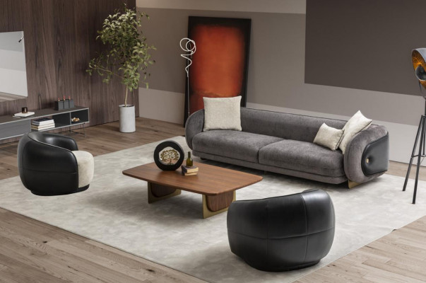 Moderne grijze bankstel set met 3-zits banken en 2 fauteuils woonkamerset