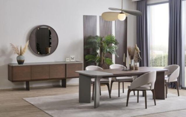 Grote eetkamerset, design eettafel, 4 stoelen, dressoir, spiegel