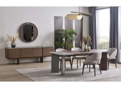 Grote eetkamerset, design eettafel, 4 stoelen, dressoir, spiegel