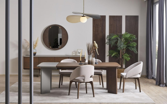 Grote eetkamerset, design eettafel, 4 stoelen, dressoir, spiegel