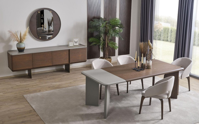 Grote eetkamerset, design eettafel, 4 stoelen, dressoir, spiegel