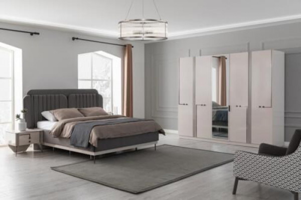 Moderne slaapkamer set, tweepersoonsbed, nachtkastje, kledingkast, luxe